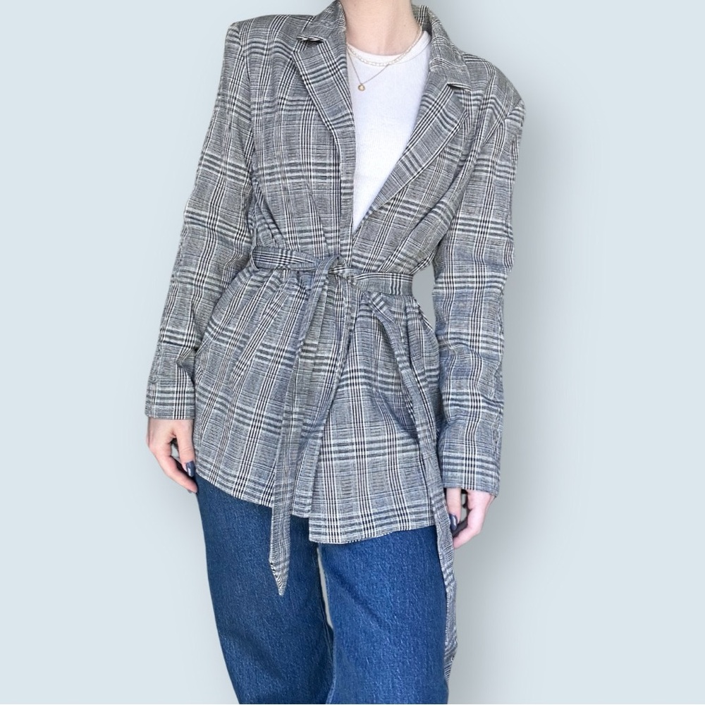 Zara Black and White Plaid Tie Blazer Trench (Size Extra Small)